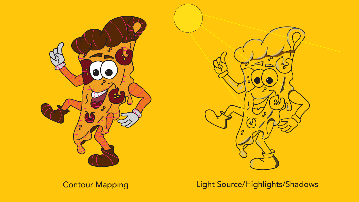 Pizza mascot character design showing contour mapping and lighting effects.