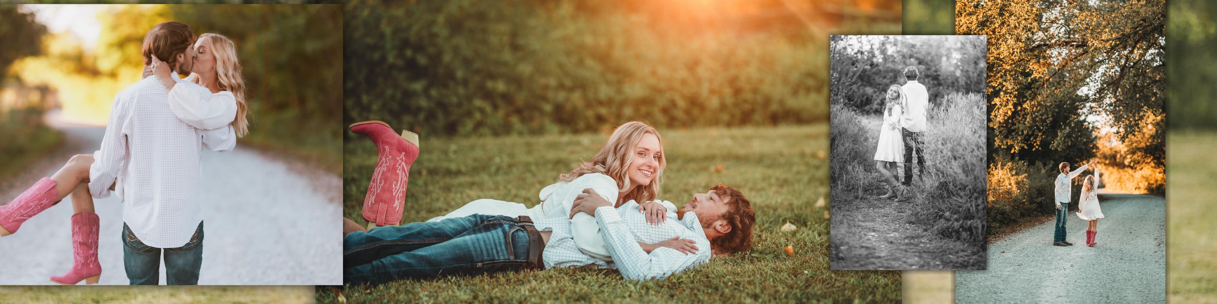 A collection of outdoor portrait photographs arranged in a horizontal strip showing natural settings and soft lighting.