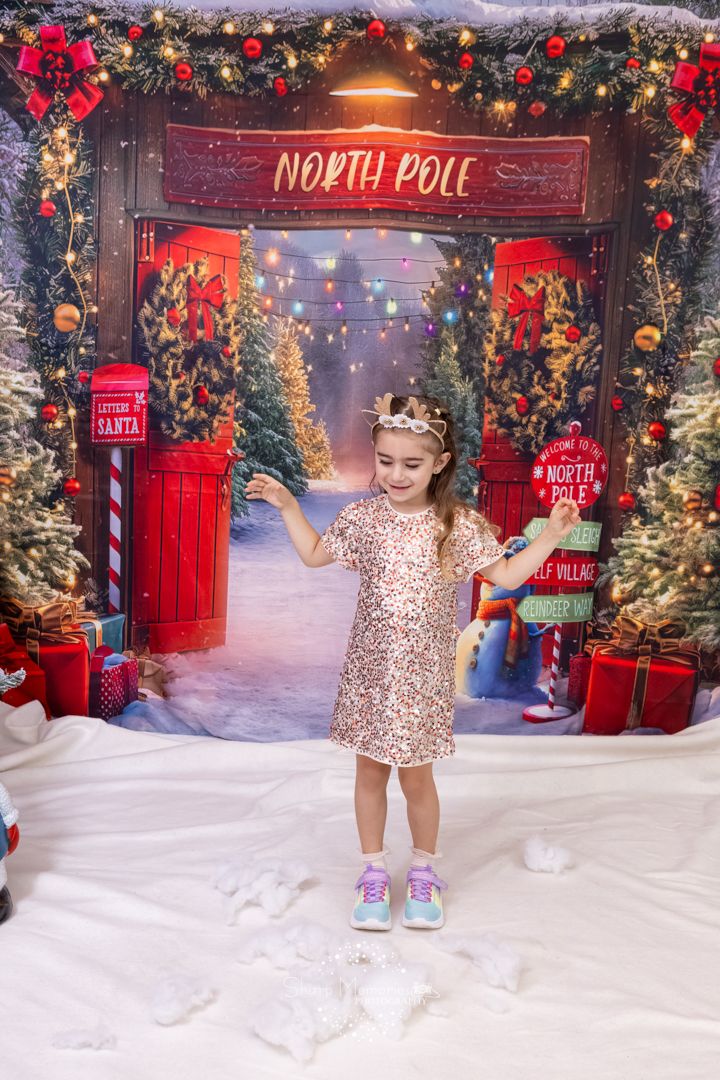 A festive holiday photo session setup with decorated Christmas trees, ornaments, and red and white decor against a blue backdrop.