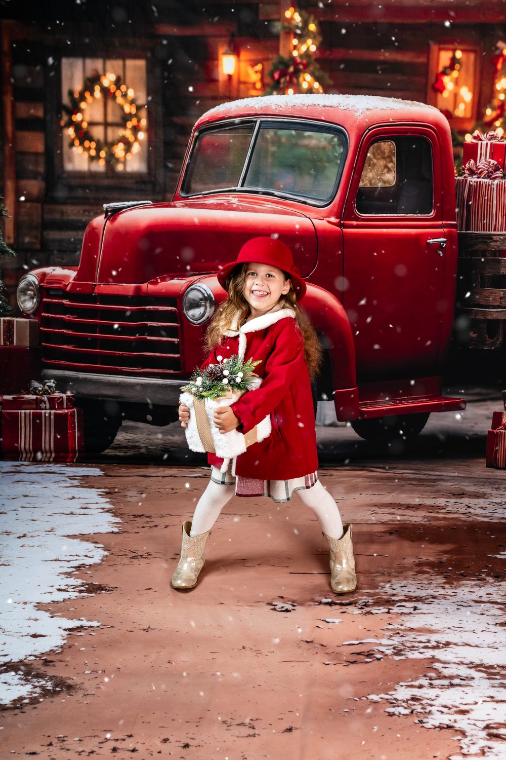A vintage red truck serves as a festive backdrop for a winter holiday photo session with snow and twinkling lights.