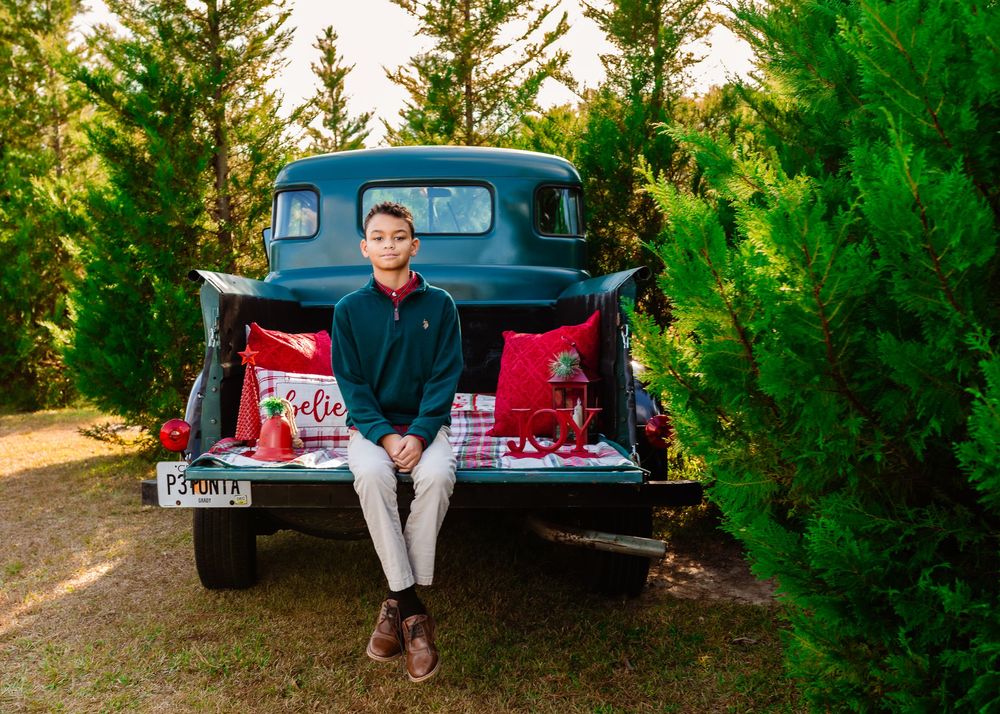 A vintage blue pickup truck parked among evergreen trees in a rustic outdoor setting.