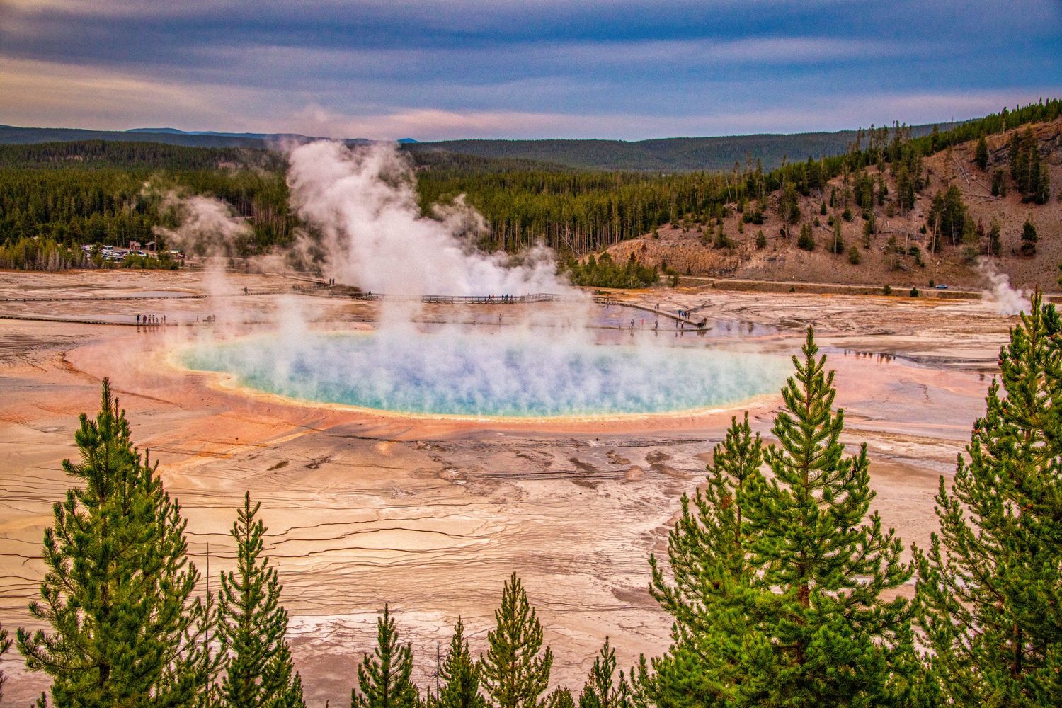 Steam rises from the colorful Grand Prismatic Spring and surrounding thermal features at Yellowstone National Park.
