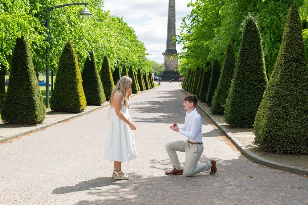 Garden path lined with perfectly manicured topiary trees creates elegant wedding setting.