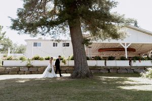 Scenic outdoor wedding venue with tall pine trees and white buildings in the background.