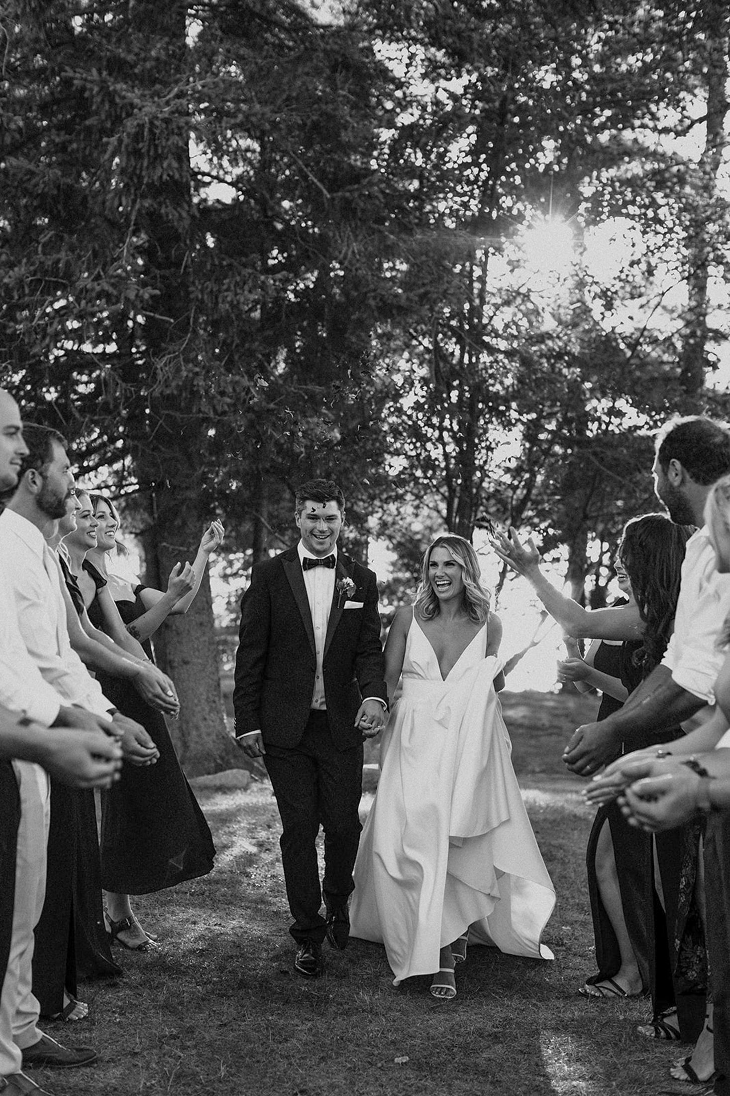 Wedding party members in formal attire gather on a grassy lawn during an outdoor celebration.