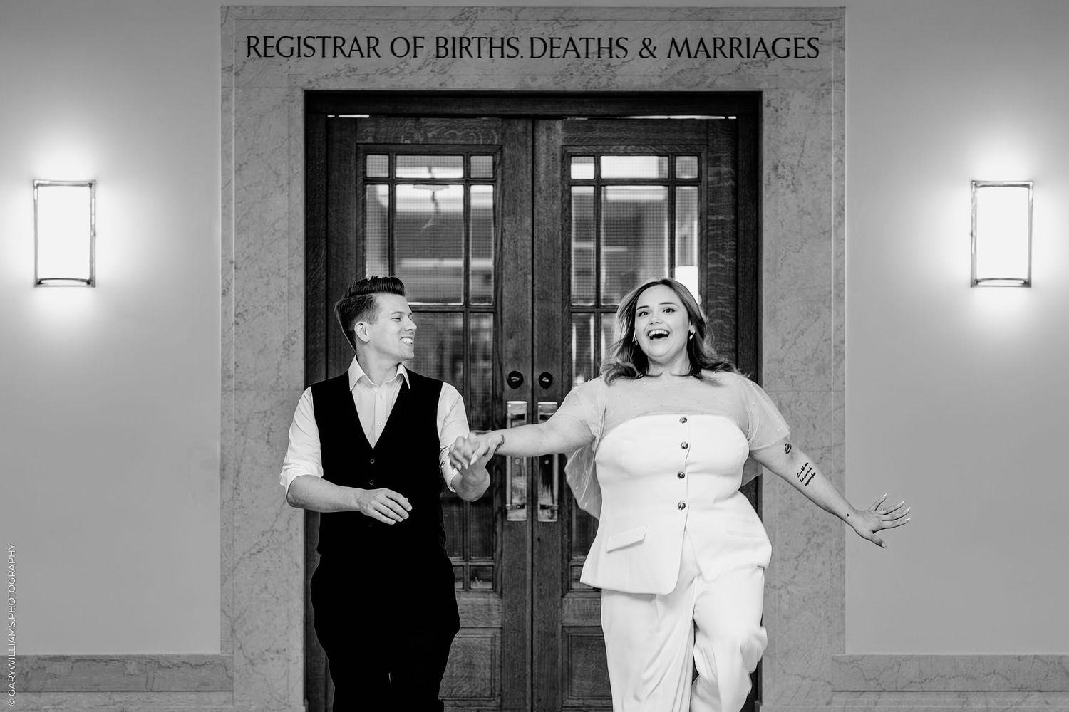A sequence of five black and white wedding photos showing joyful moments outside a registry office.