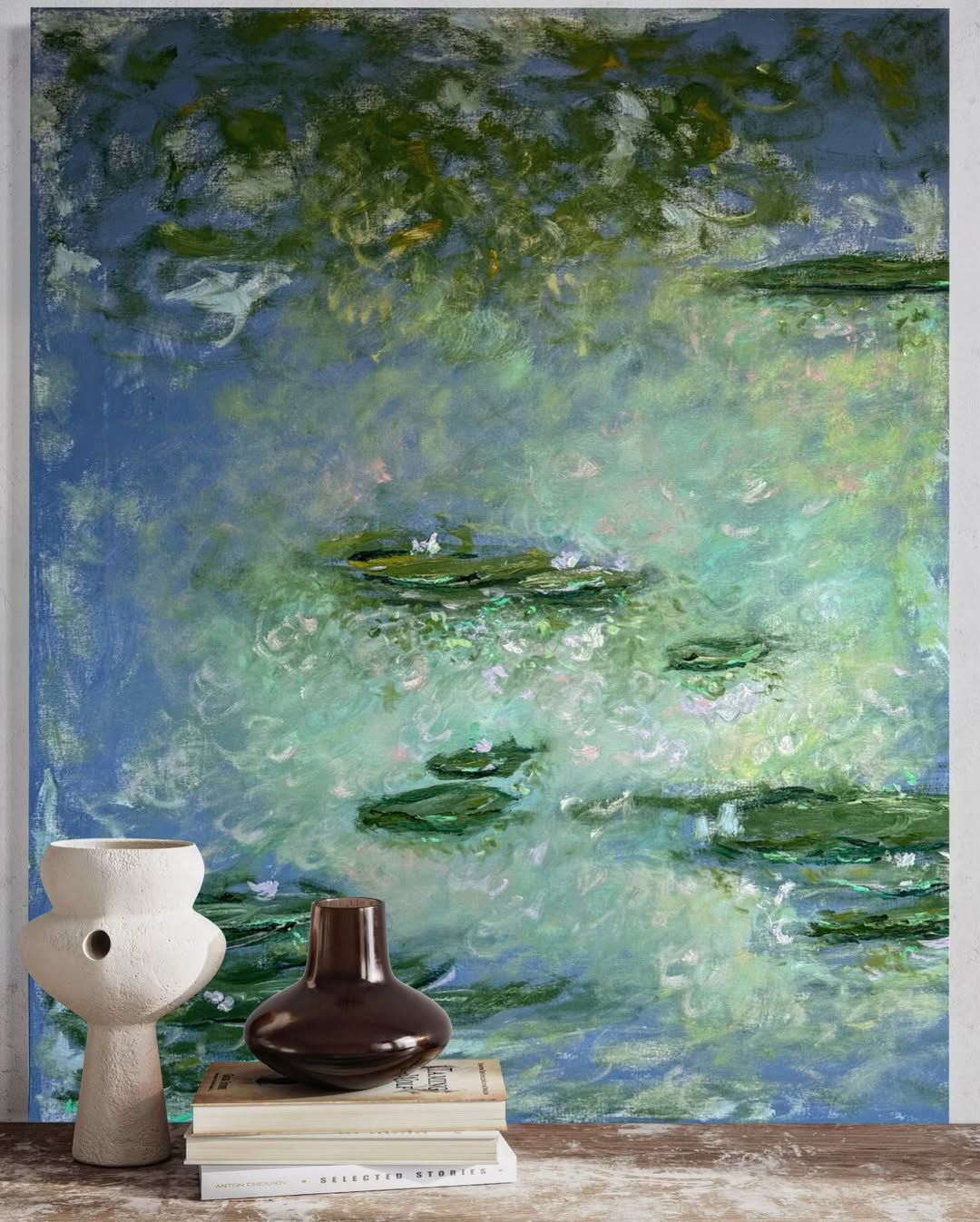 Vibrant painting of water lilies on a pond surrounded by drooping willow branches in rich greens and blues. Monet Kim ahonoukoun  legacy