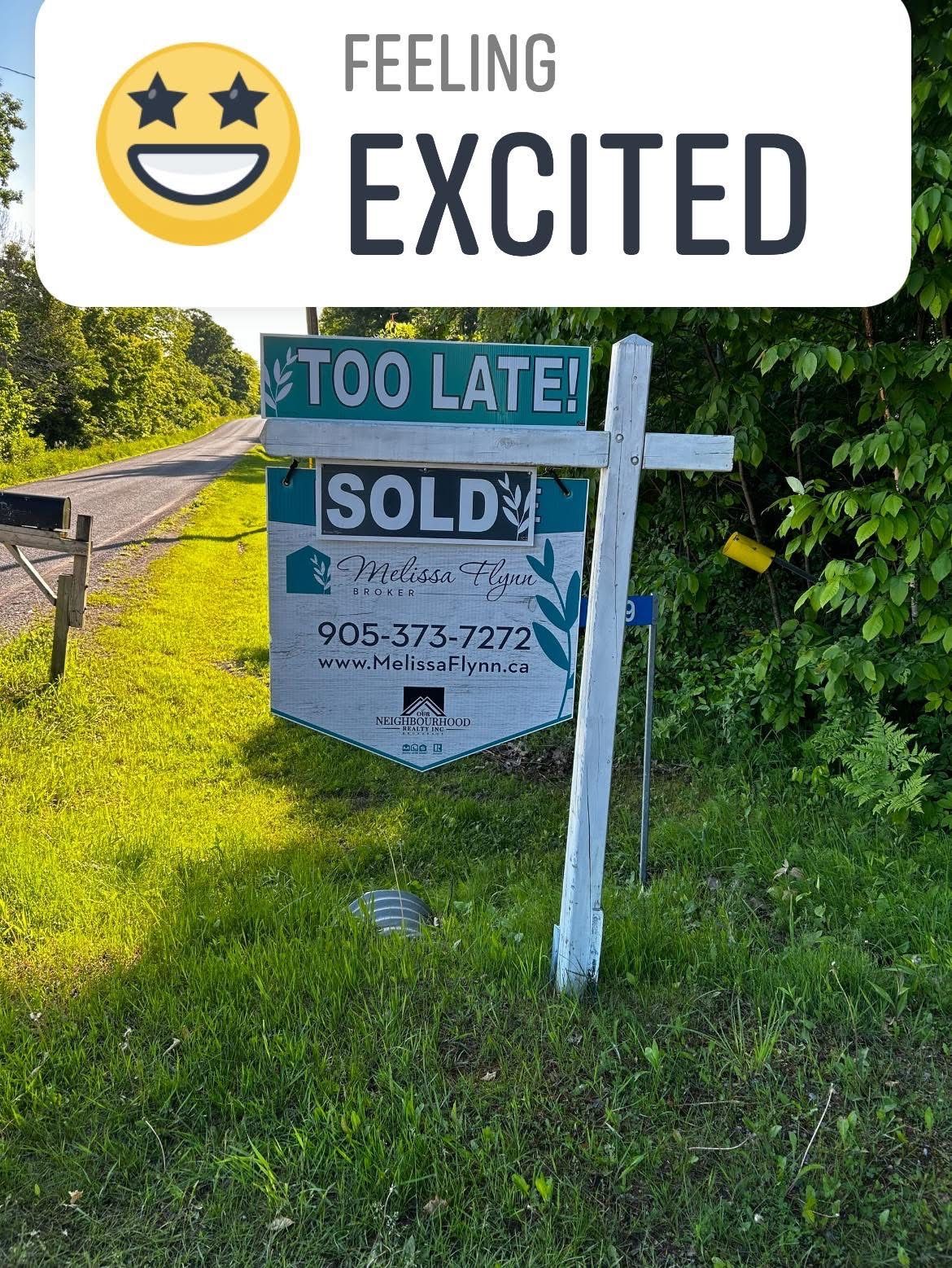A series of real estate signs in a grassy area showing 'SOLD' and 'TOO LATE!' messaging along with contact information.