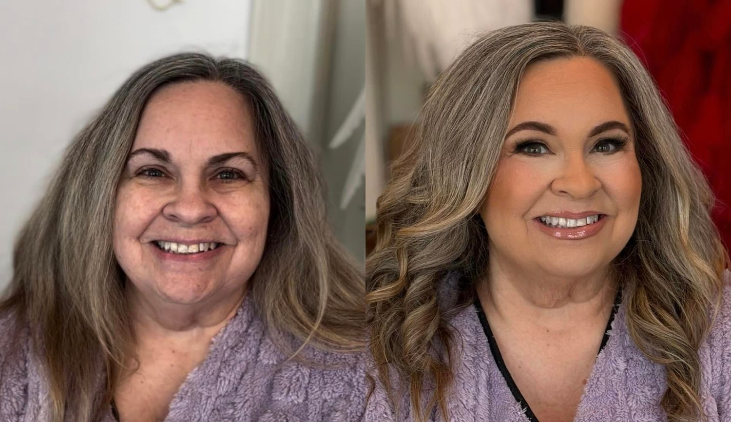 Before and after image of a woman at a boudoir studio before and after she has her makeup and hair done.