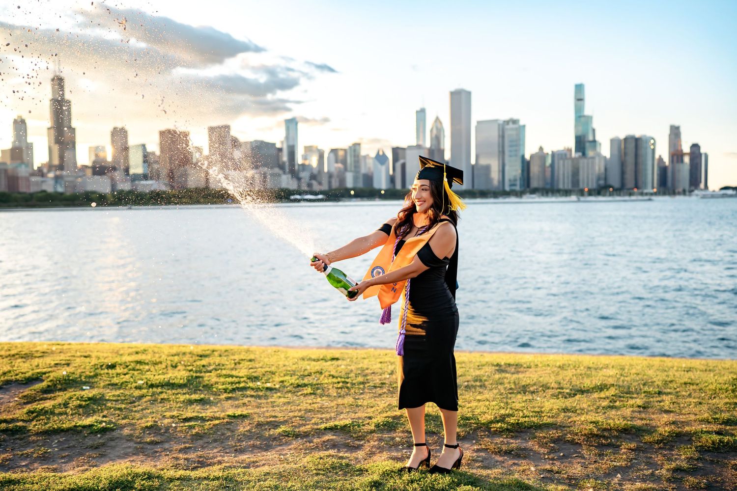 Athletic figure performs stretching exercises against Miami skyline backdrop at sunset.