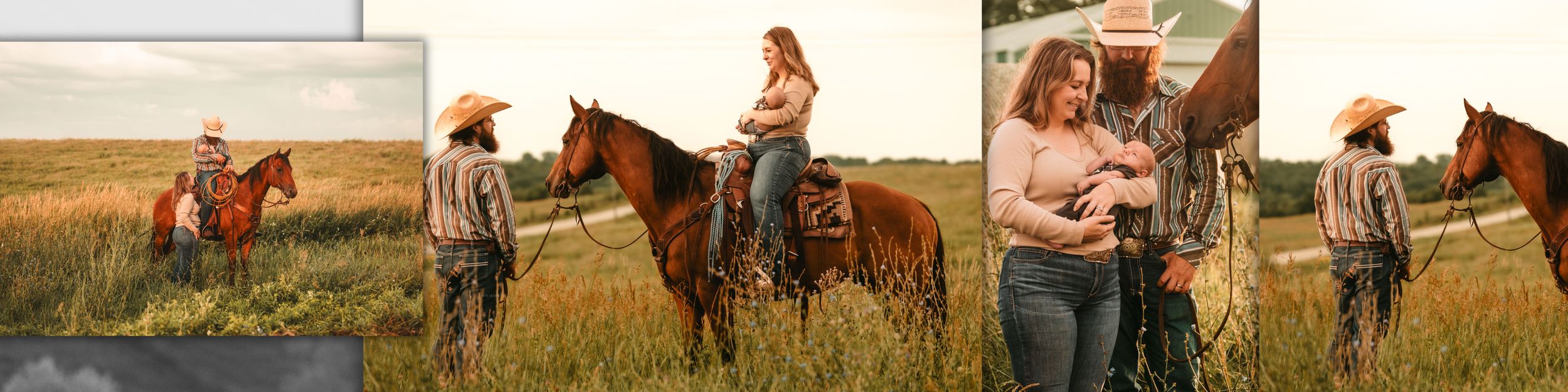 Two people walk hand in hand through a sunlit meadow while horses graze peacefully in the background.