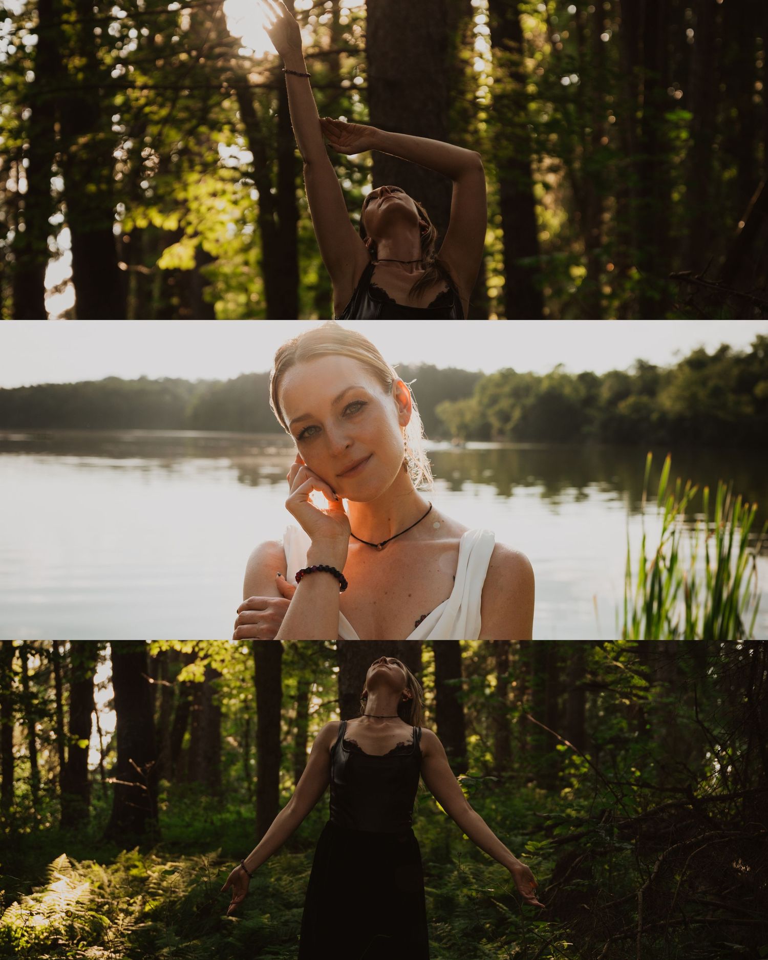 Three artistic portraits in a forest and lakeside setting at golden hour with soft natural lighting and ethereal atmosphere.