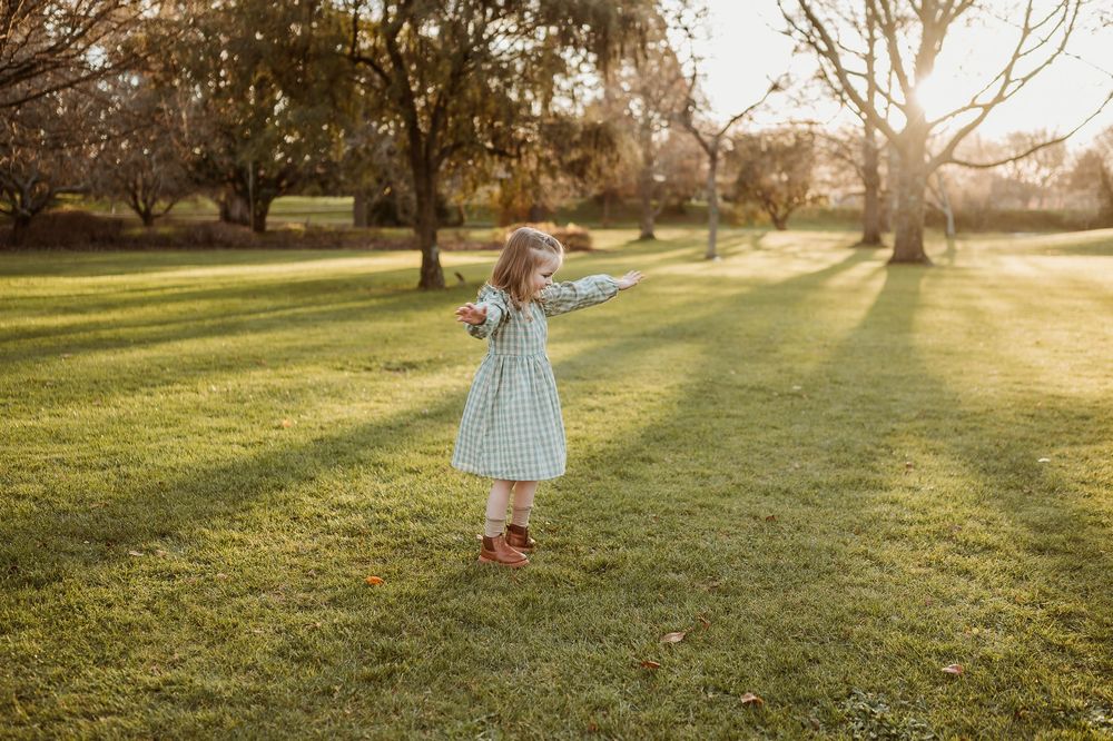 A beautiful photo series of early evening at sunset in a grassy park with sun rays streaming through trees.