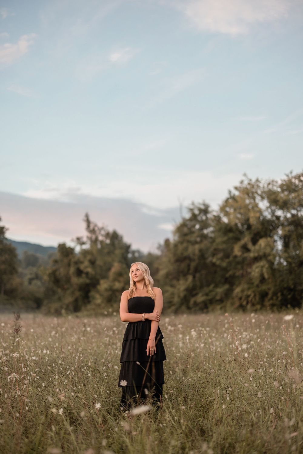 A black-clad figure sits contemplatively in a sunlit wildflower meadow against a backdrop of trees and mountains.