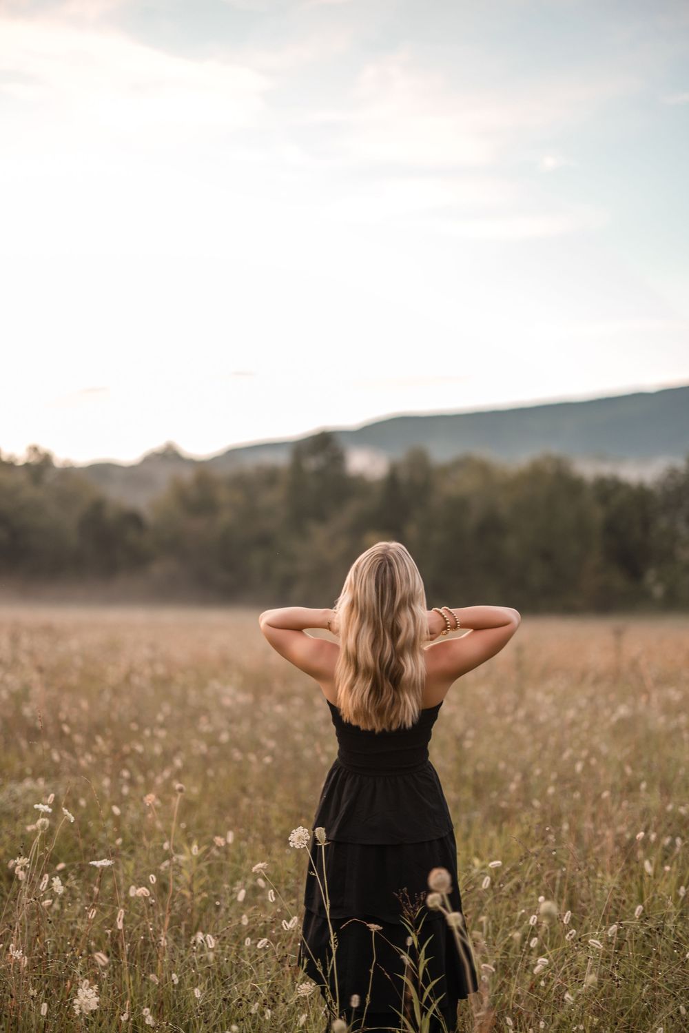 A person sits with their back to the camera in a peaceful autumn meadow surrounded by tall grass and wildflowers.