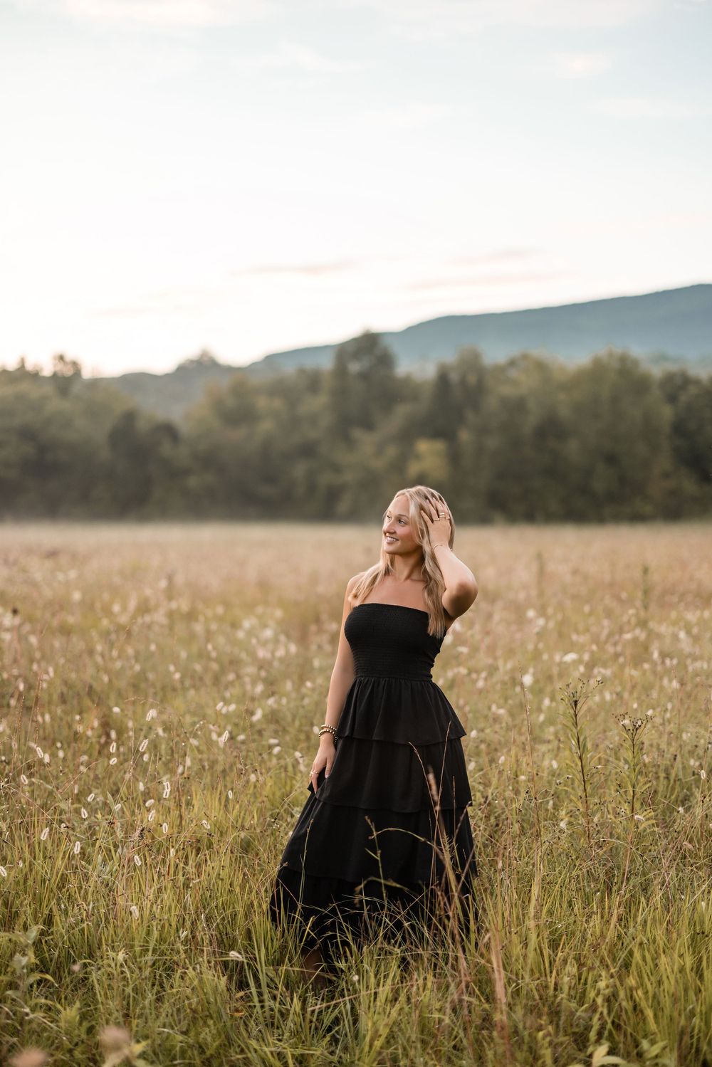 A figure in a black flowing dress stands elegantly in a golden meadow at sunset with mountains in the background.