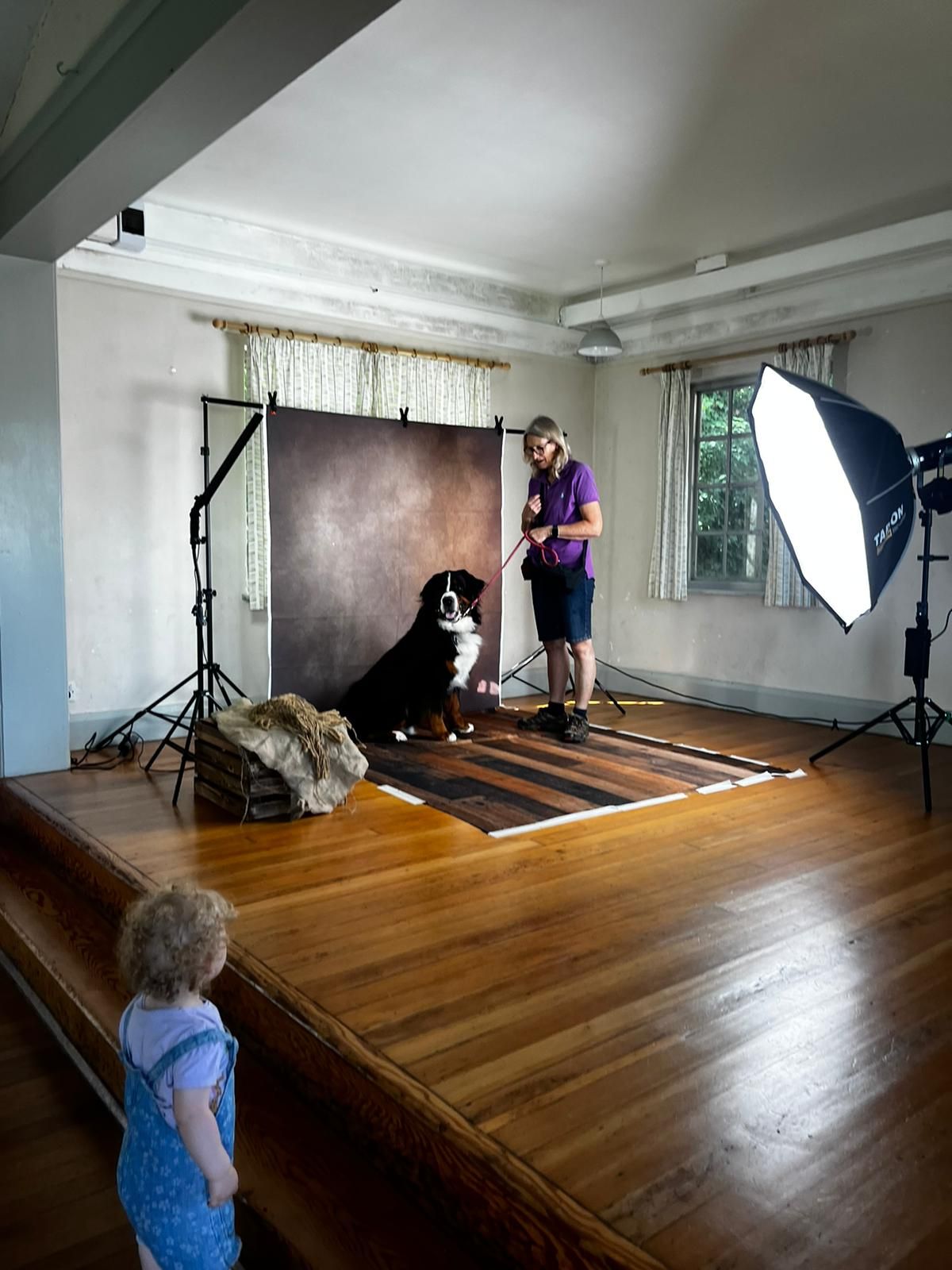 Photographer setting up professional studio lighting and backdrops for photoshoot in large studio with wooden flooring.