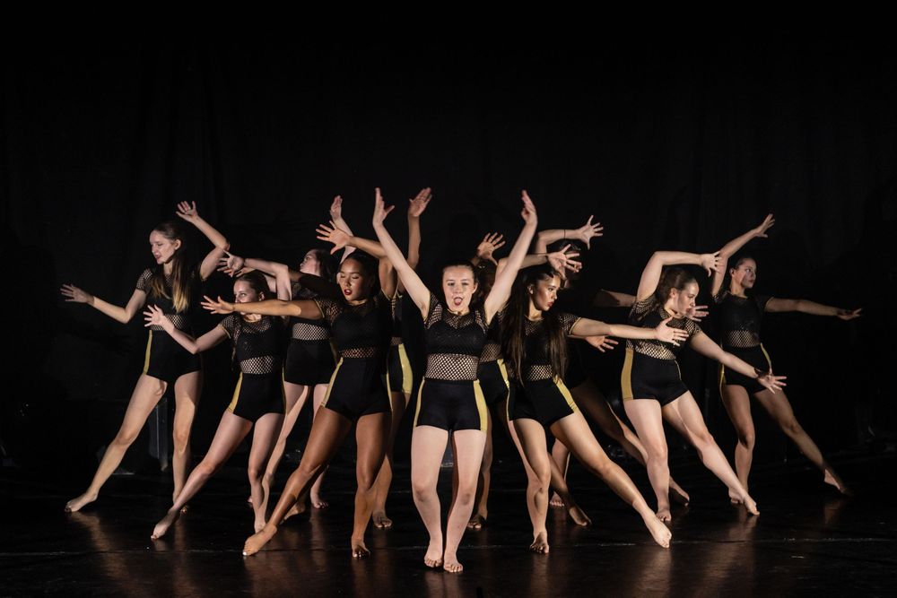 Group of dancers in black leotards perform synchronized movements on a dark stage creating a powerful silhouette.