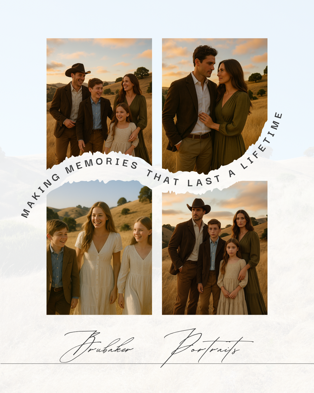 A collage of four warm-toned sunset photos showing a family in rustic outdoor settings with text 'Making Memories that Last a Lifetime'.