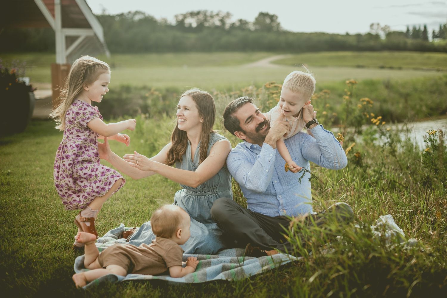 A photographic sequence set outdoors showing people enjoying activities near a lake on a sunny summer day.