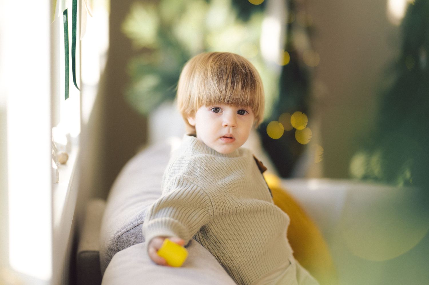 Small child in cozy beige sweater holding yellow toy sits near window with soft bokeh lights in background.