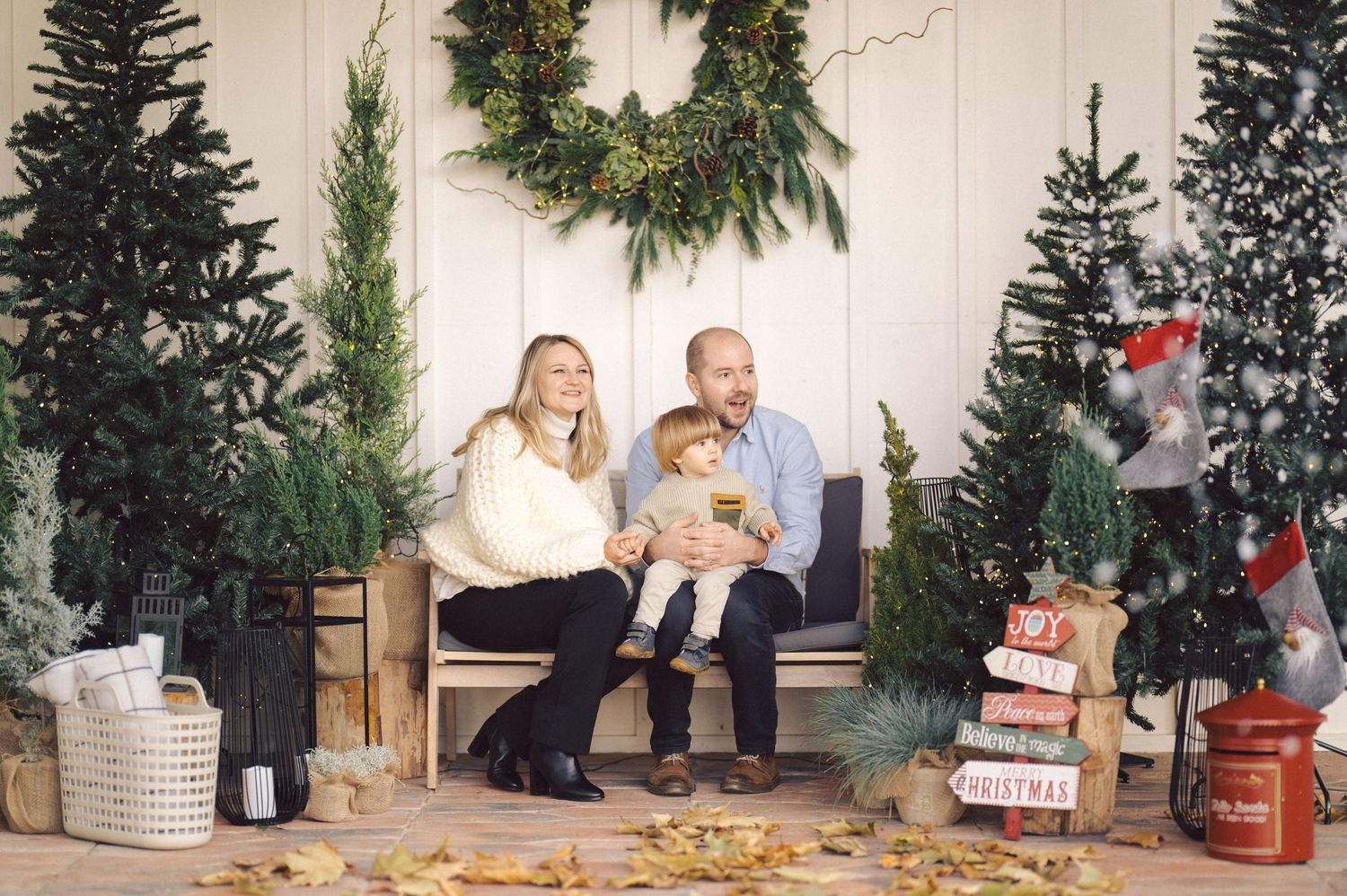 Festive seasonal Christmas holiday decorations and evergreen trees arranged in a cozy room setting.