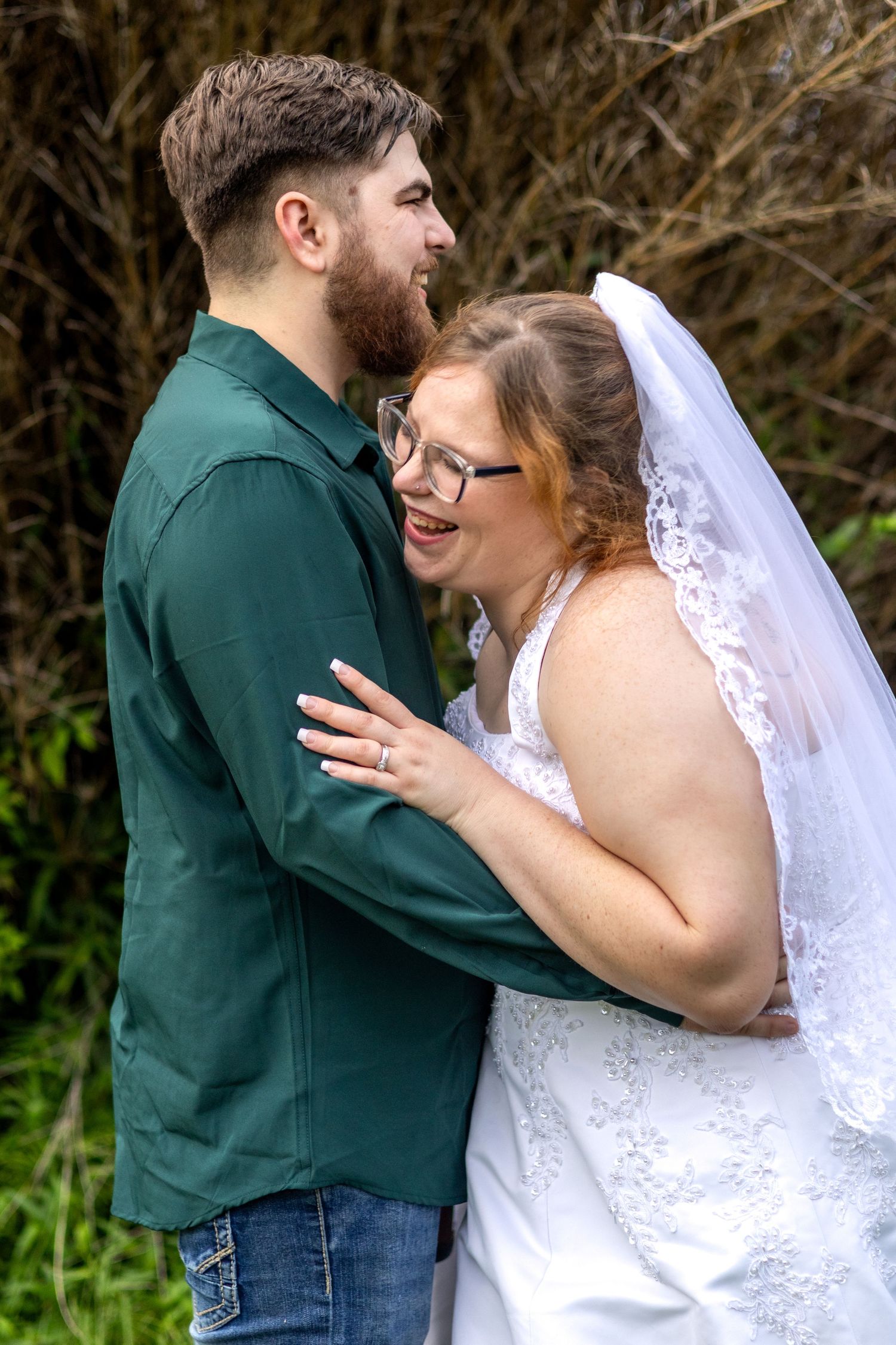 Wedding photo sequence showing a joyful moment between newlyweds outdoors.