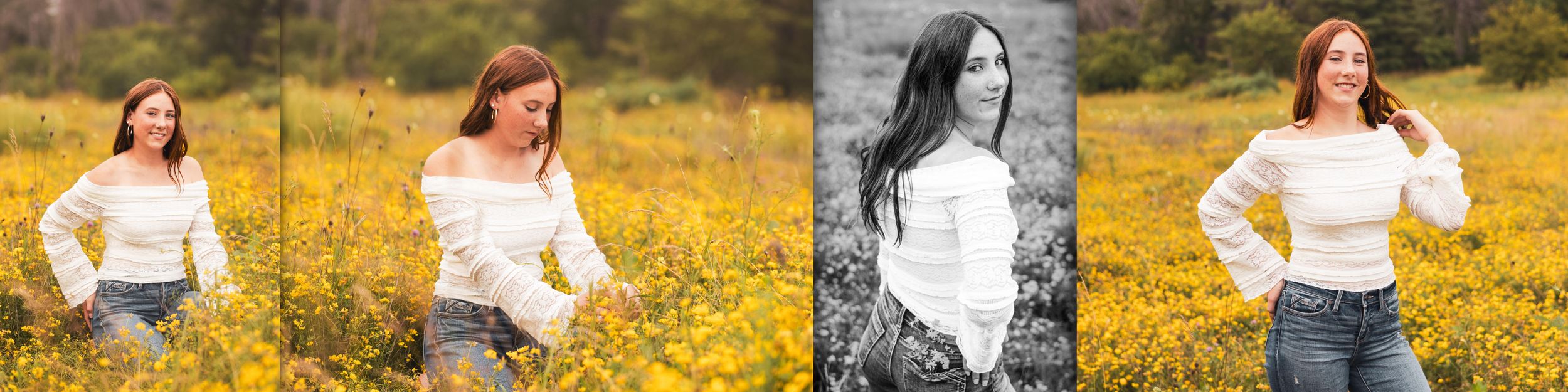 A series of connected outdoor portrait photographs showing a woman posing in a field of golden wildflowers.