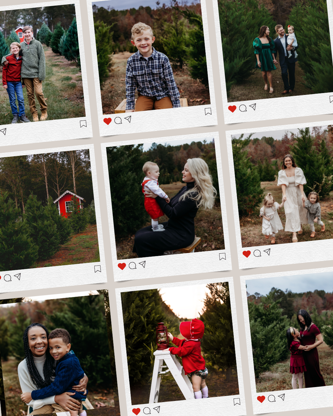 Collection of outdoor family photo sessions displayed in a grid layout against a natural wooded backdrop with rustic elements.