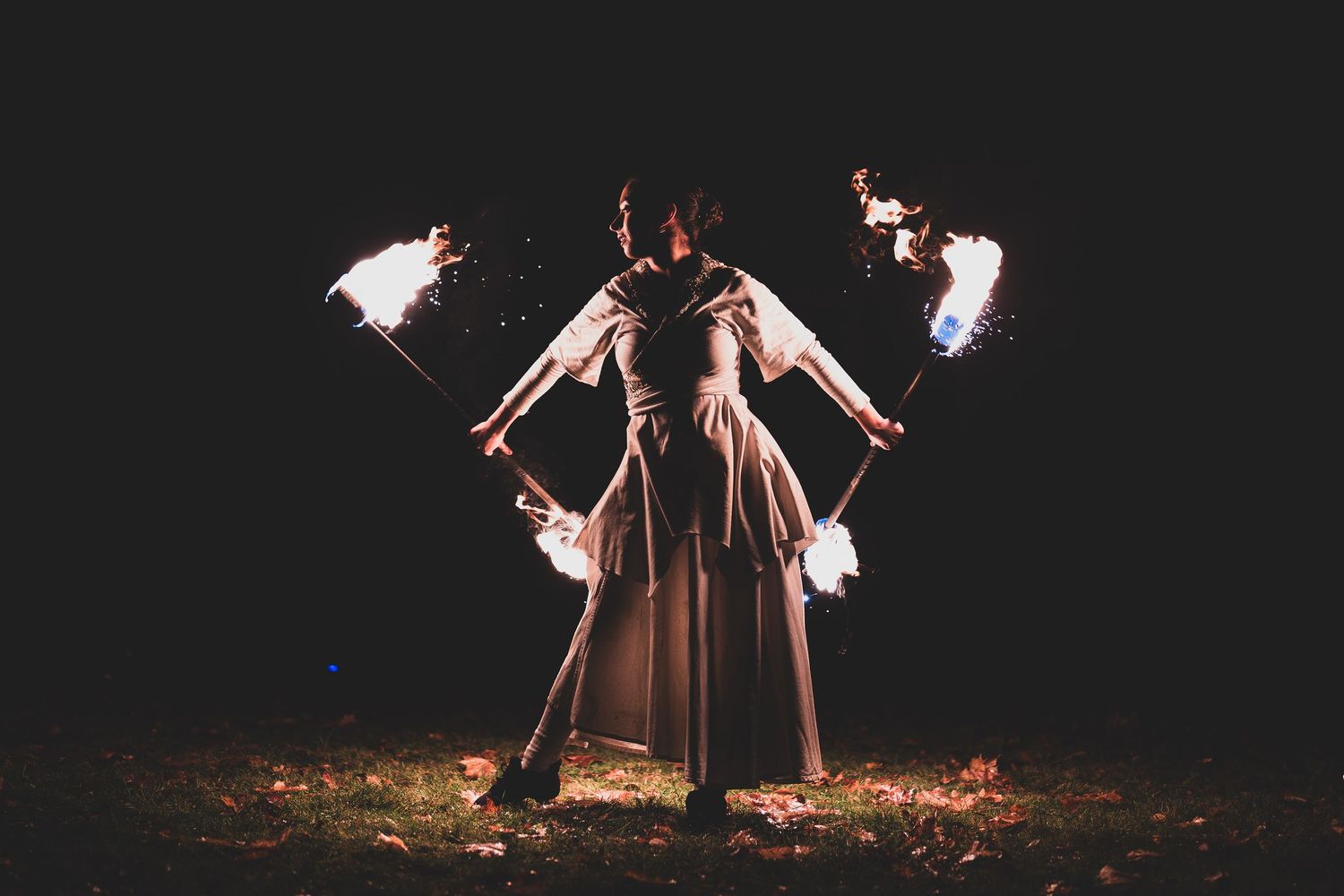 High-energy fire show photography, great for promotional materials, performance agencies, and festival organizers.