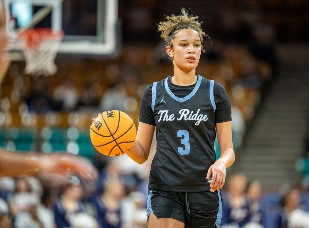 Basketball player controls ball during game.