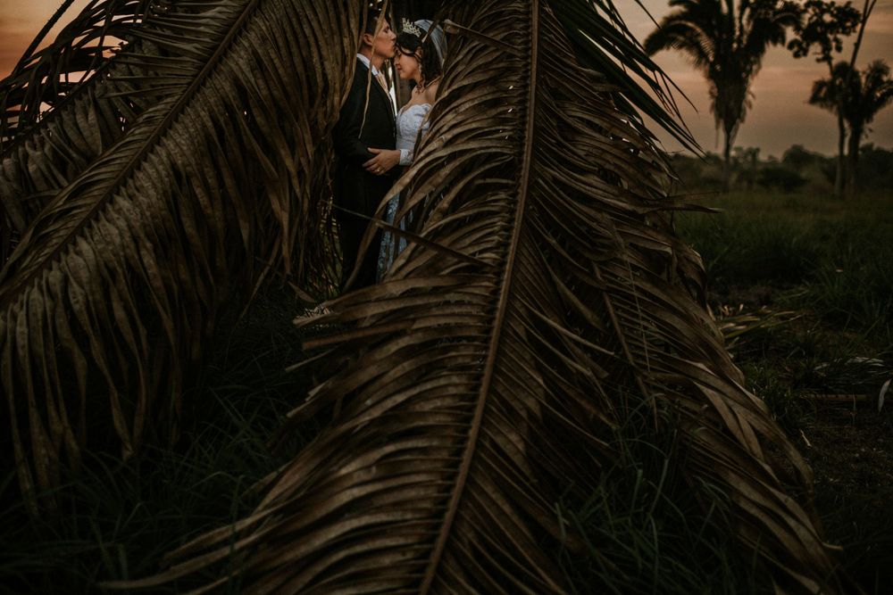 Artistic wedding photo with couple behind large palm leaf silhouette at dusk.