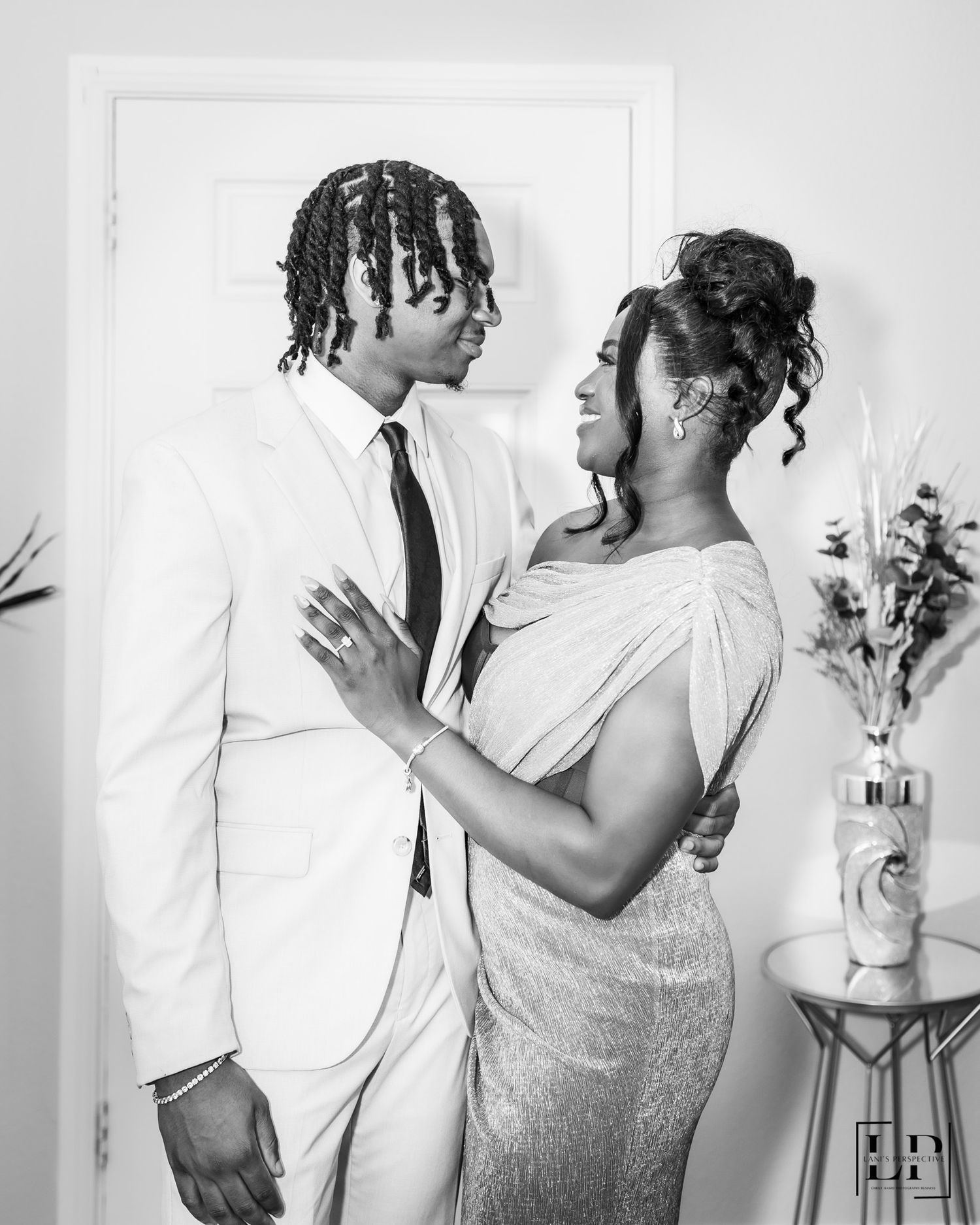 Black and white photo series capturing intimate dance moments between two people in formal attire.