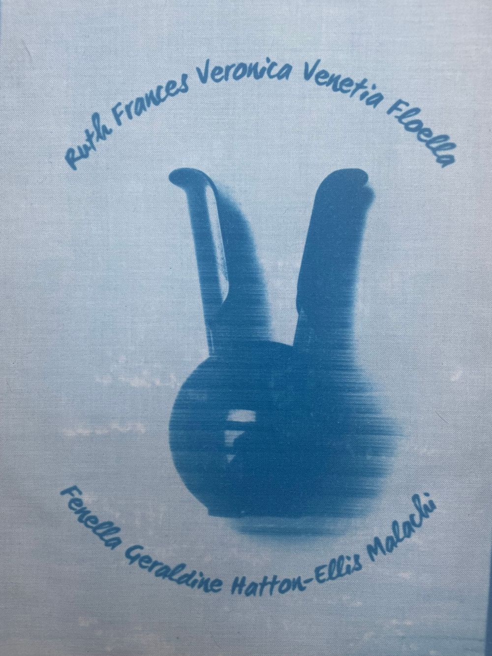 Blue silhouettes of rabbits arranged in a circular pattern against a light background.