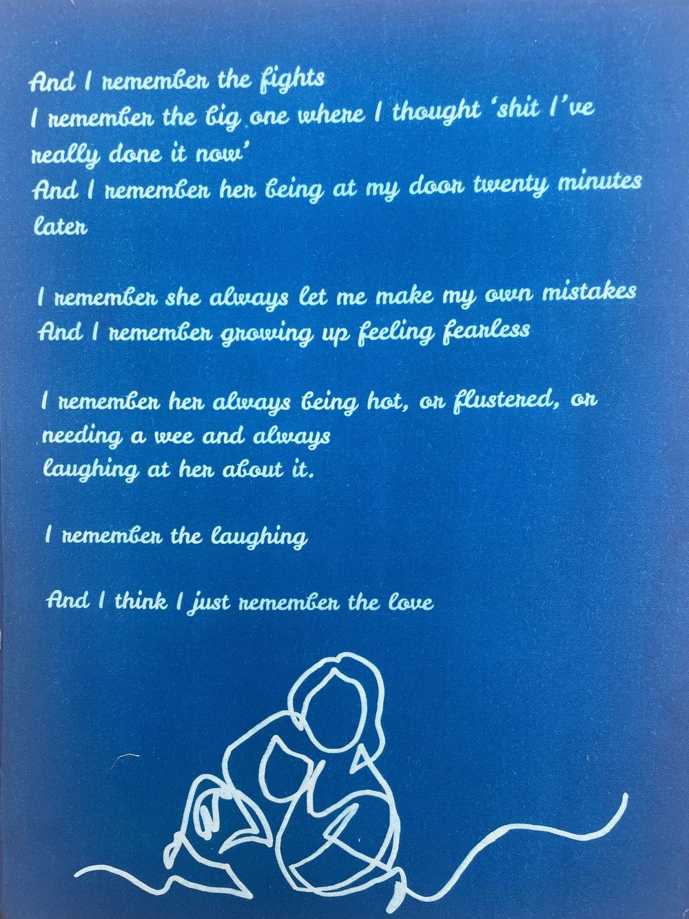 Blue gradient background with white handwritten text and simple line drawings expressing memories and emotions.