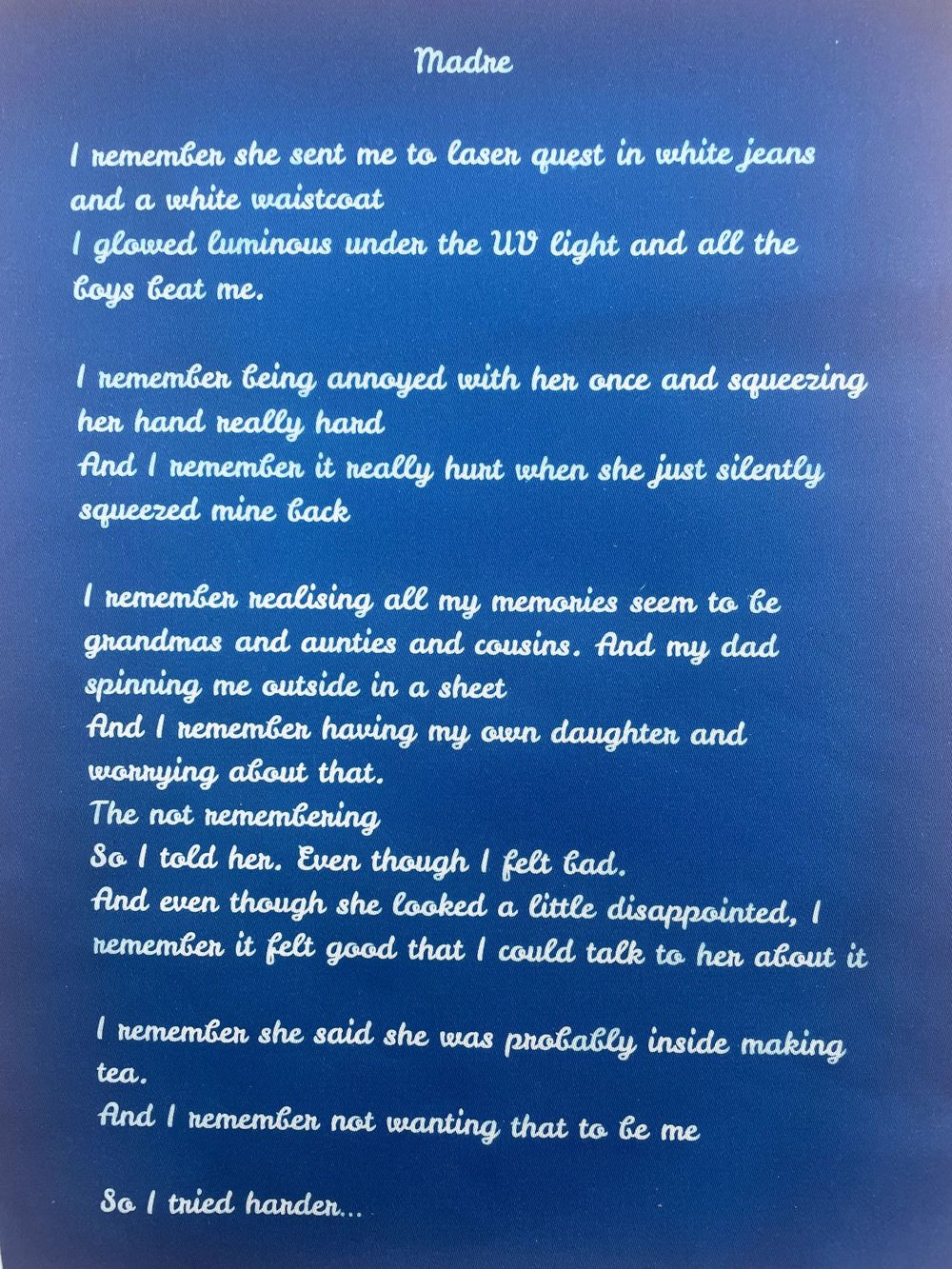 White text on blue background contains nostalgic memories and personal reflections about family relationships.