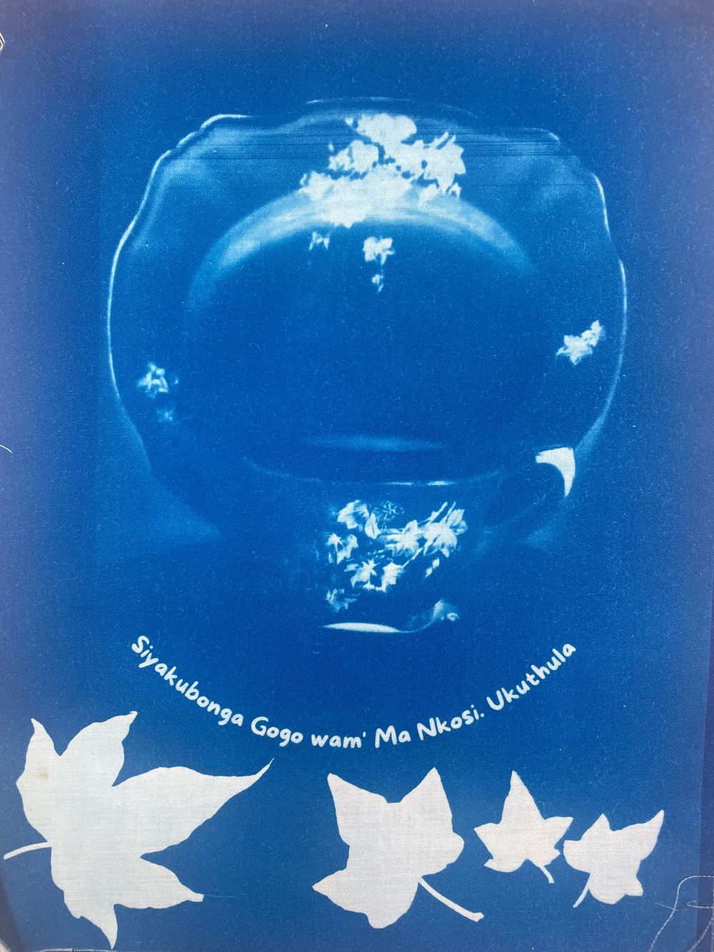 A vintage blue cyanotype print showing a vase silhouette with white leaf shapes at the bottom against a dark background.