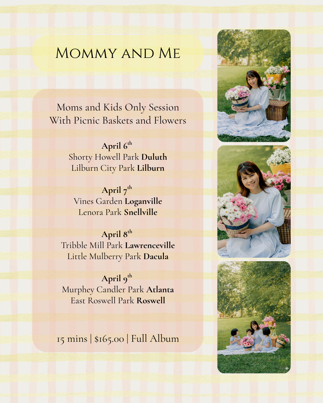 A soft pink marketing template showcasing springtime photography session details with floral elements and text layouts.