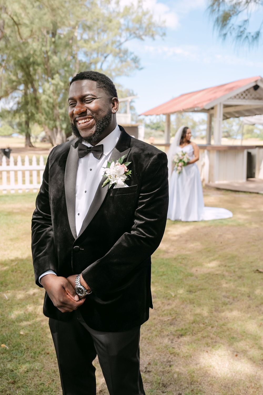 A series of wedding photos showing a person in a black tuxedo smiling and posing outdoors.