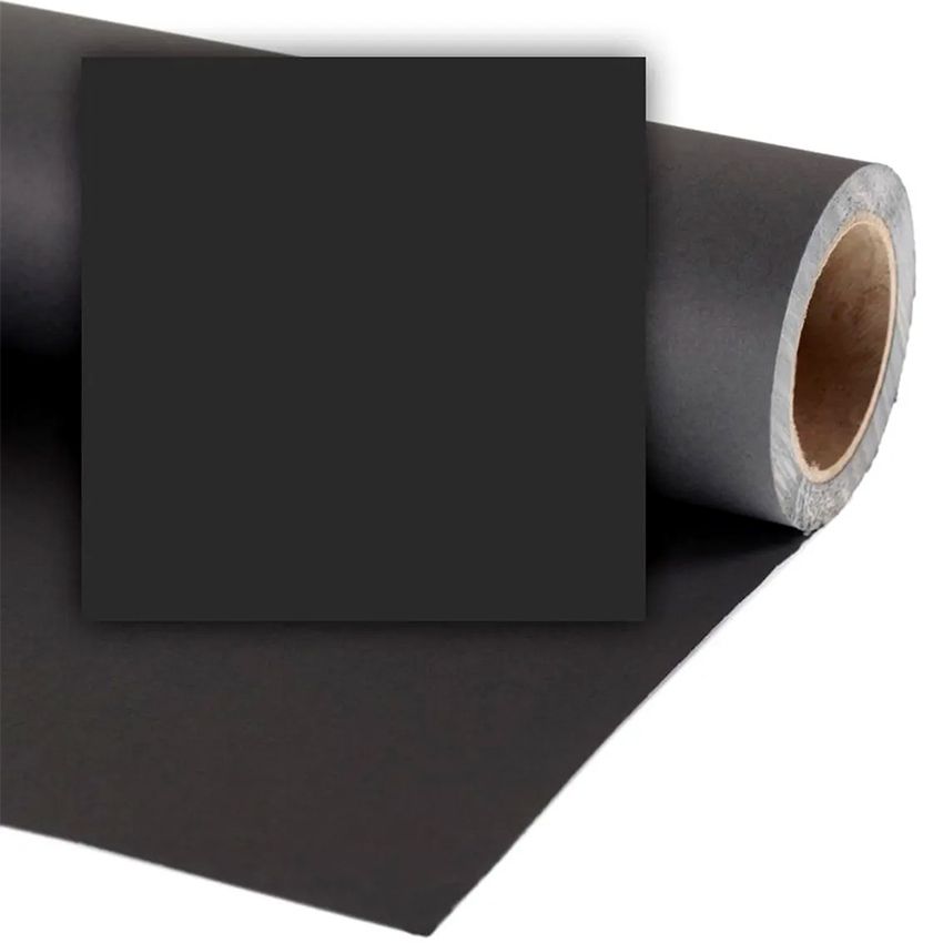 Professional black photography backdrop paper roll shown partially unrolled against white background.