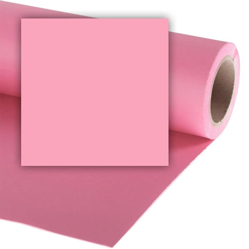 A roll of pink photography backdrop paper with a square color swatch sample shown against it.