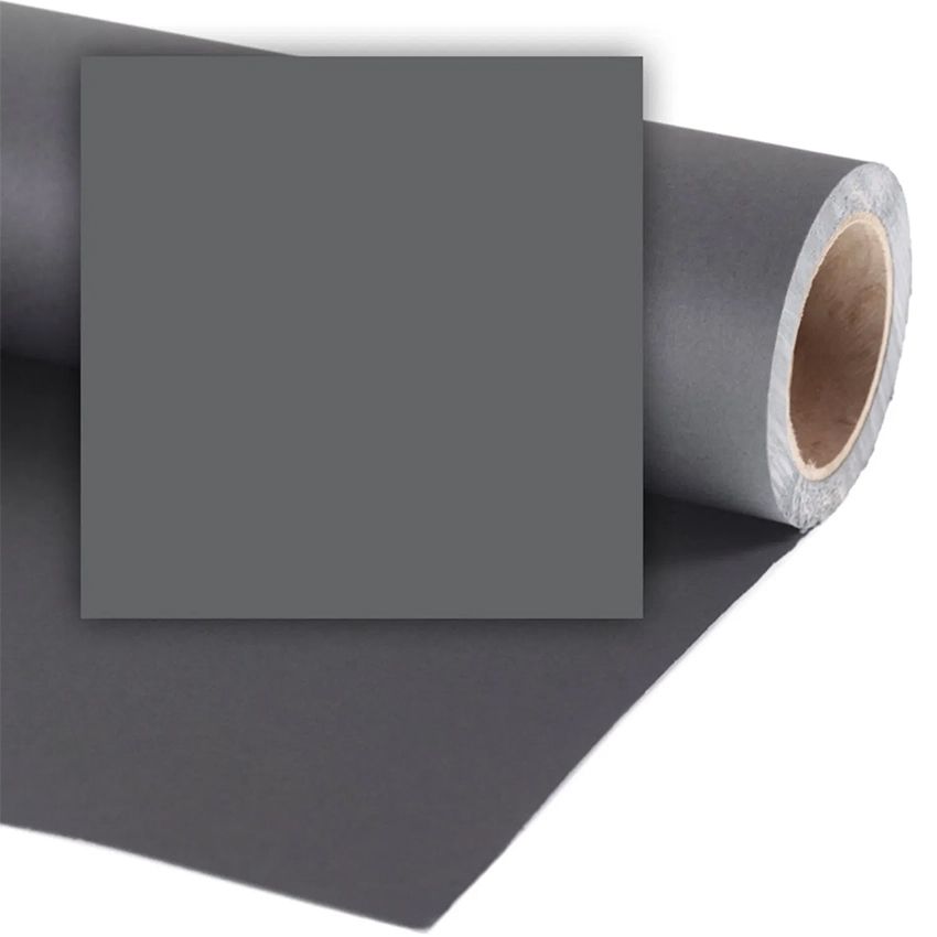 A roll of gray seamless photography backdrop paper shown from multiple angles on white background.