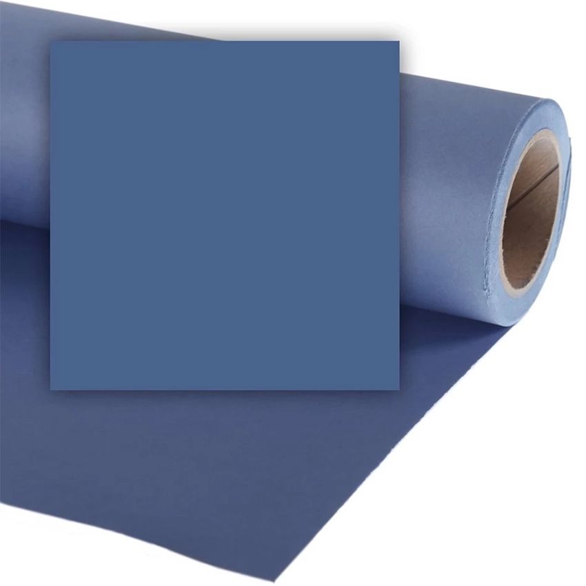 A roll of navy blue photography backdrop paper with matching square color sample displayed.