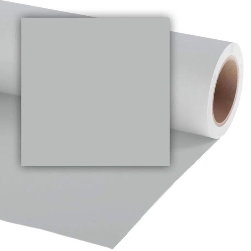 A roll of light gray photography backdrop paper with coordinating square color swatch shown.