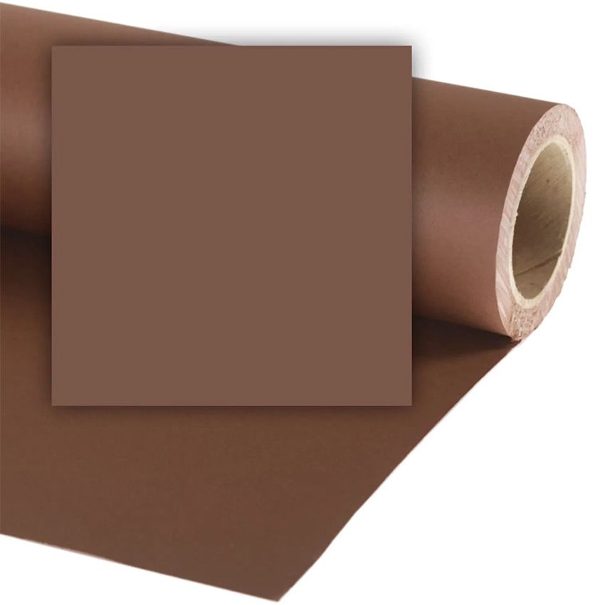 A roll of professional brown photography backdrop paper partially unrolled to show smooth matte surface texture.