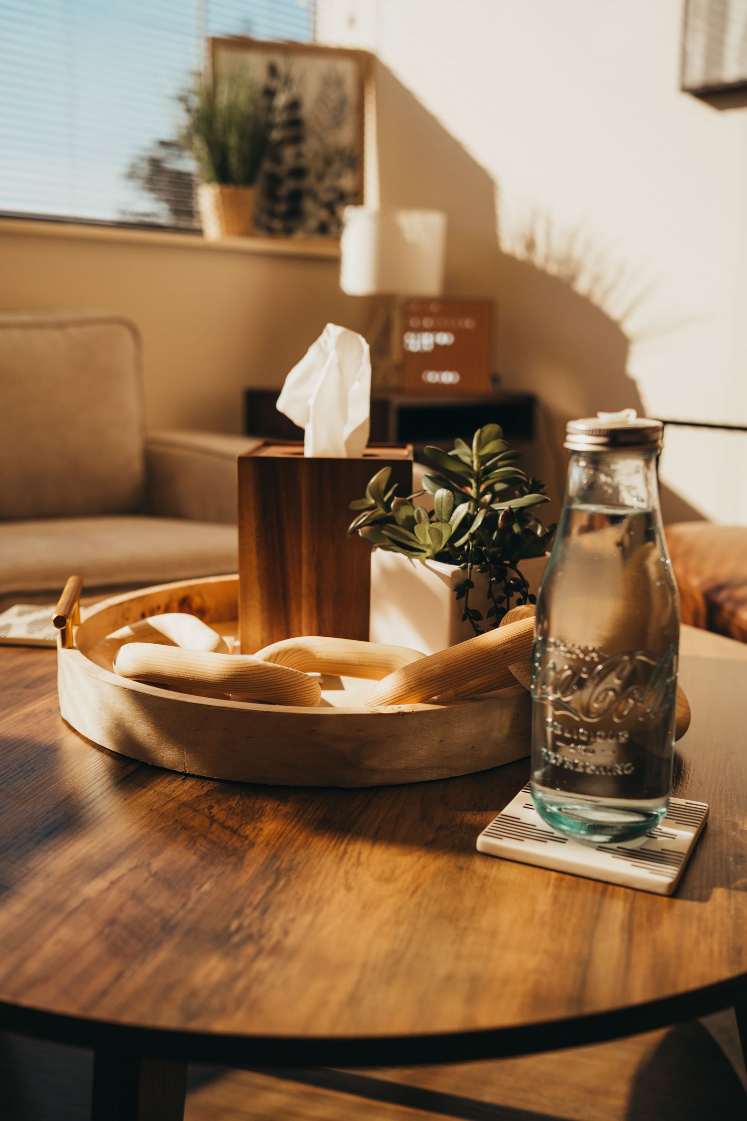 Cozy wooden table setting with plants, tissue box and decorative items in natural sunlight.