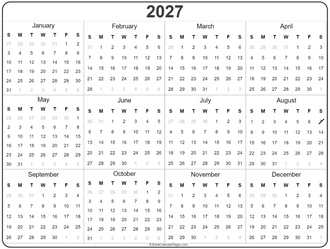 2027 yearly calendar grid showing all 12 months with days organized by week, starting Sunday, on white background.