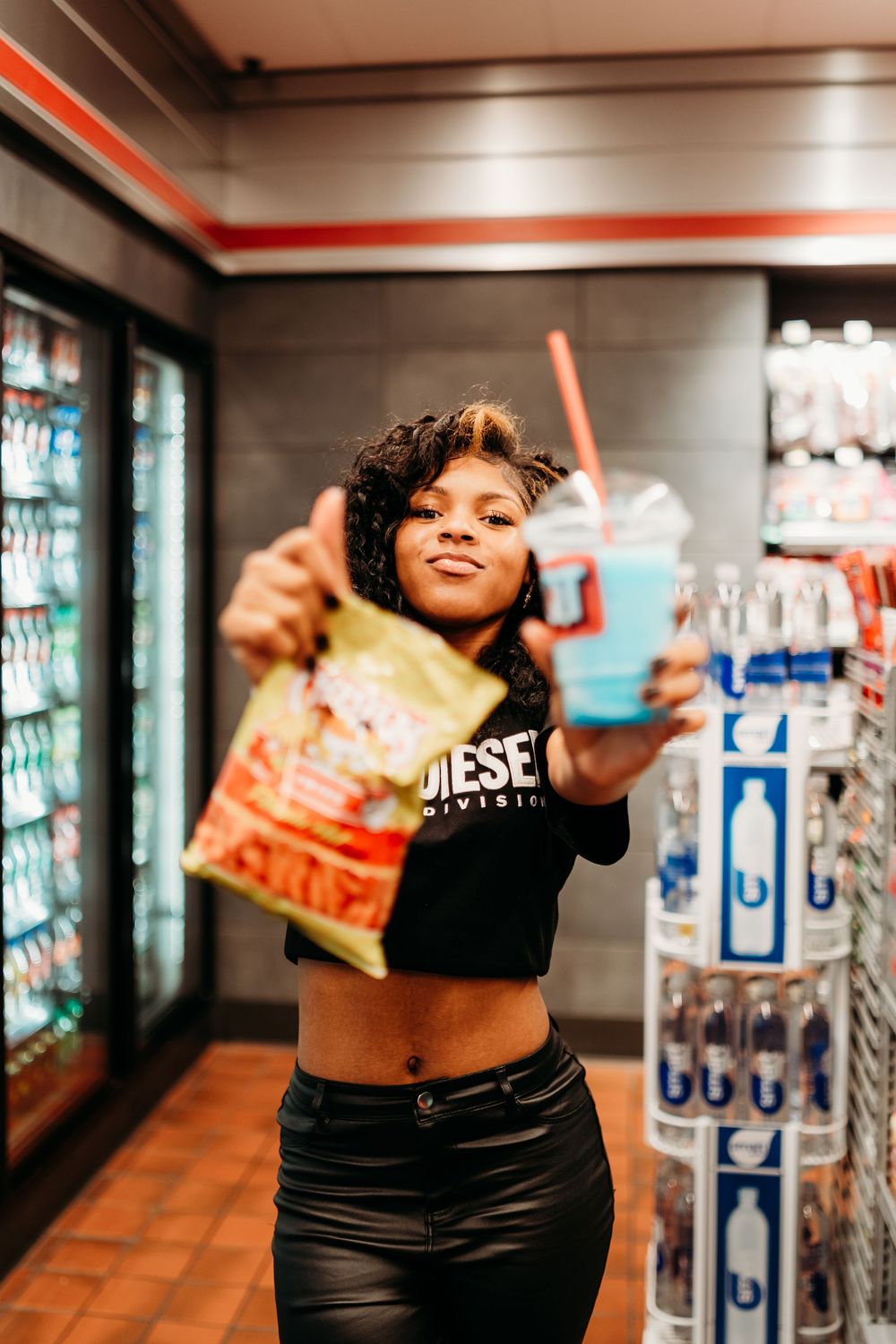 A series of photos showing snacks and beverages in a convenience store setting. Creative Photograhy