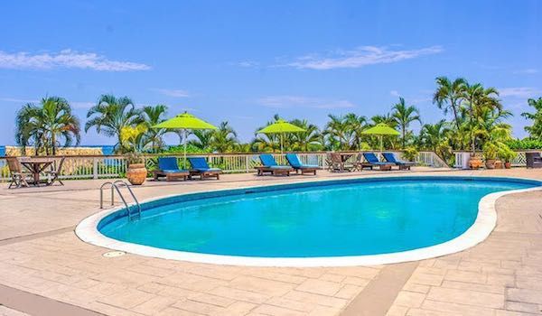 Kidney-shaped swimming pool surrounded by palm trees and lounge chairs with ocean views.