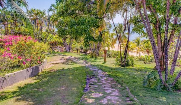 Stone pathway winding through a tropical garden with blooming pink bougainvillea and palm trees.